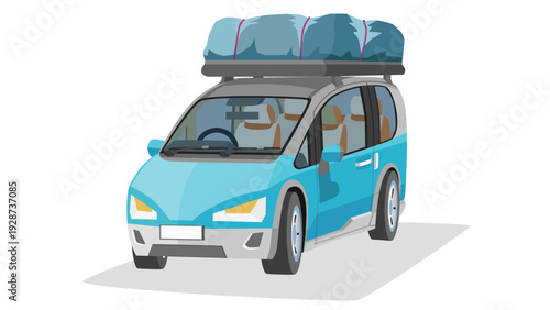Separate layer of travel mini van car blue color. Top of car with roof rack and luggage cover for travel or trips. Show inside car. On isolated white background.