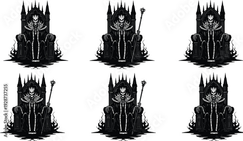 Black skeleton king silhouette set sitting on gothic throne with crown and scepter for dark fantasy horror and gaming designs