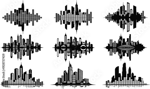Black city skyline silhouette set with urban building reflections and soundwave skyscrapers for music city life and digital audio designs
