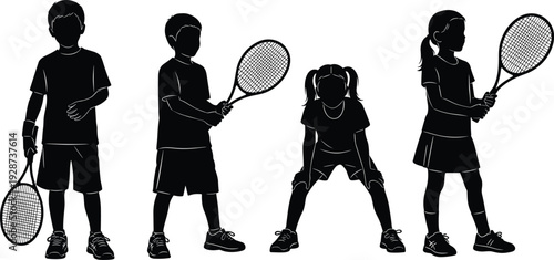 Black children silhouette set playing tennis with rackets in various poses including standing and ready positions for youth sports themes