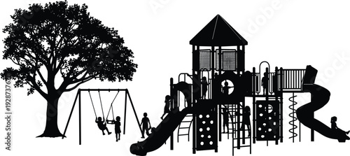 Black playground silhouette set with children playing on slides and swings under a large tree in an outdoor park setting