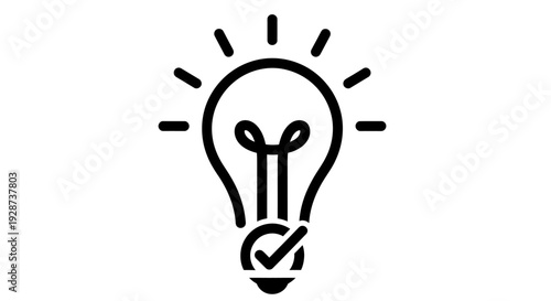 Black and white lightbulb icon with a checkmark representing approved idea and creative insight.