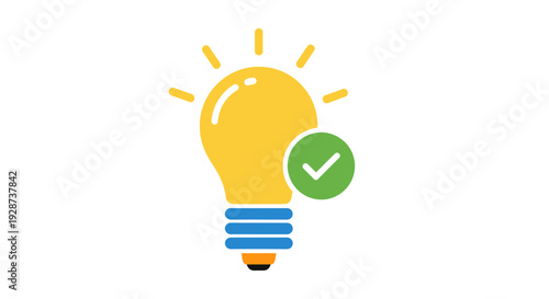Bright Idea Bulb Icon with Green Checkmark Representing Innovation and Insight.