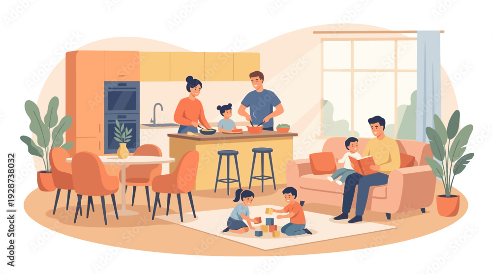 Fototapeta premium Happy Household Scene Vector – Modern Family Lifestyle Illustration