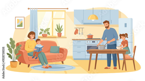 Warm Family Daily Routine Illustration – Home Life Vector Scene