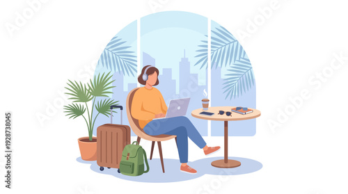Modern Digital Nomad Scene – Freelance Remote Work Travel Concept Vector