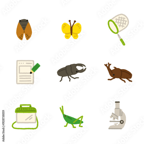 虫取り イラスト アイコンセット 夏休み 自由研究 手描き かわいい