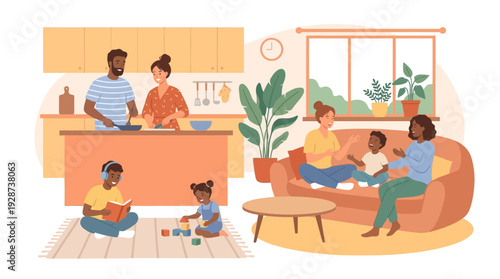Family Interaction Scene Vector – Everyday Home Life Illustration