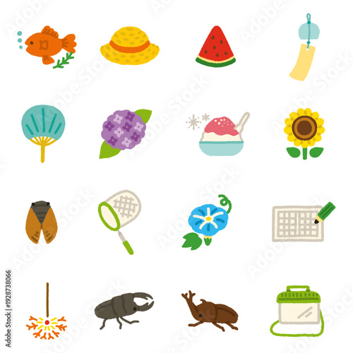 日本の夏 イラスト アイコンセット 手描き かわいい
