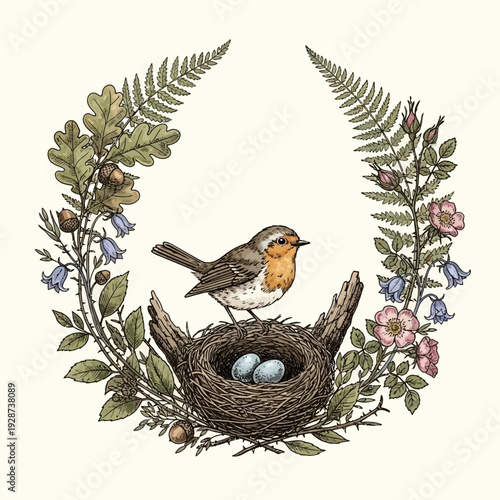 European robin bird with nest and eggs surrounded by botanical wreath.