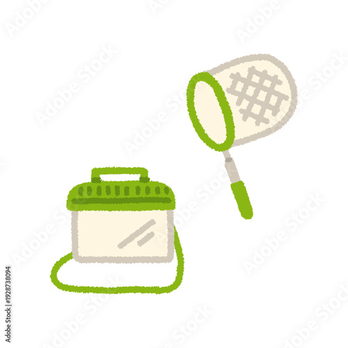 虫かご 虫あみ イラスト 虫取り セット 手描き シンプル