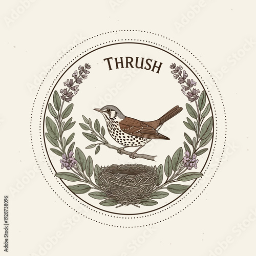 Thrush Bird with Nest and Botanical Wreath Illustration.