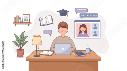 Modern Social Media Production Illustration – Creator Working from Desk