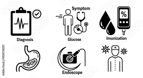 Medical Diagnostics and Procedures Icons Set Featuring Symptoms, Diagnosis, Glucose, Immunization, Endoscope, and Stomach Anatomy.