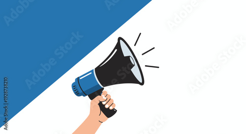 Illustrated hand holding a megaphone with bold blue accent signaling announcement to capture attention.