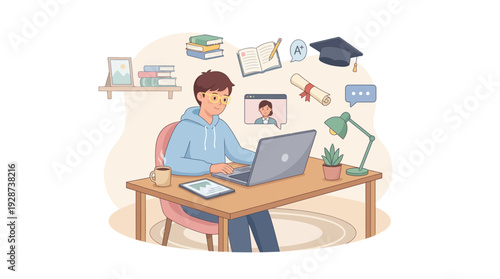 Remote Study at Home Illustration – Student Attending Virtual Class Vector