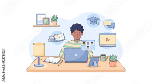 Home Study Online Class Scene – Student E-Learning Lifestyle Illustration