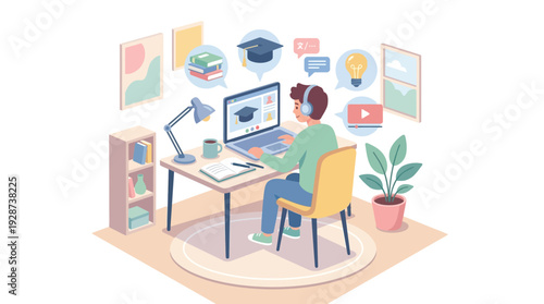 Virtual Classroom Student Illustration – Distance Learning Flat Vector