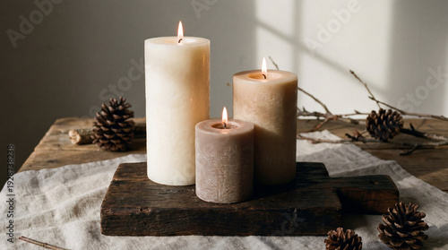 Burning pillar candles on wooden board, cozy home decor
