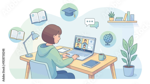 E-Learning Lifestyle Illustration – Student Remote Education Workspace