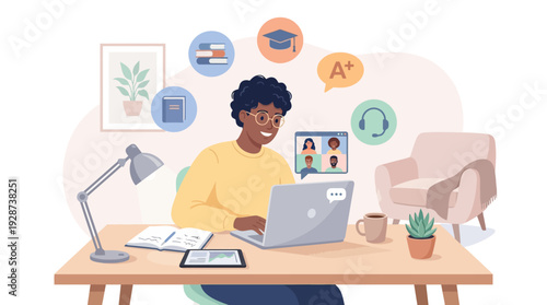 Modern Online Study Scene – Student Digital Learning Vector Illustration
