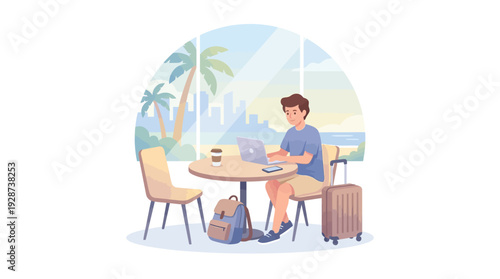Digital Nomad Remote Work Scene Vector – Laptop Travel Lifestyle Illustration