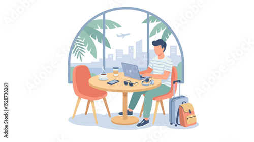 Freelancer Working While Traveling Vector – Digital Nomad Lifestyle Concept
