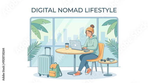Digital Nomad Working Online While Traveling – Remote Work Lifestyle Vector