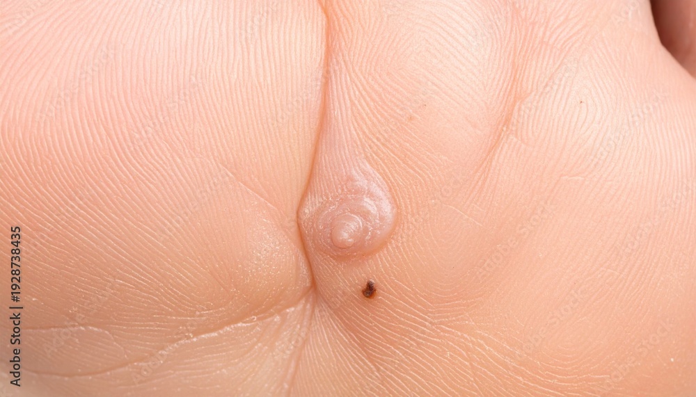 Fototapeta premium Close-up of a blister on human skin, showing a fluid-filled sac and surrounding healthy skin texture.