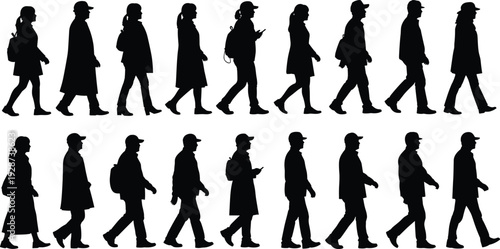 Large set of walking people silhouettes including men and women with backpacks and winter coats for urban commuting and street life
