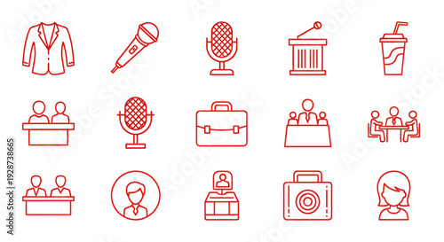 Red line icon set depicting media, presentation, and professional teamwork for graphic design and project visuals.