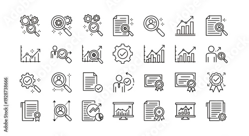Collection of line art icons featuring gears, charts, monitors, and analytics symbols.