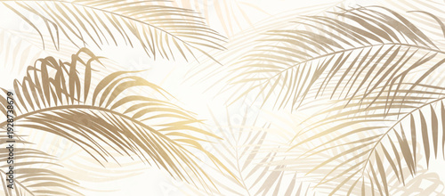 Art backdrop with golden palm leaves in sunlight. Botanical banner with exotic plant leaves for decor, prints, wallpaper, textiles, posters, and interiors.