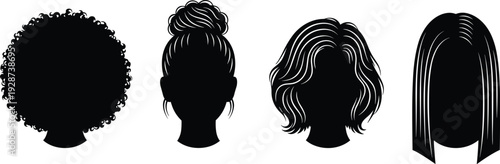 Silhouette of various women hair styles including afro bun wavy and straight hair for beauty salon branding and female identity
