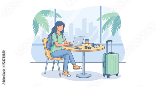 Remote Work Travel Concept Vector – Digital Nomad Using Laptop Outdoors