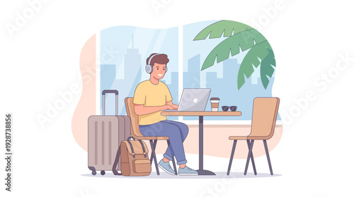 Remote Worker Travel Lifestyle Illustration – Digital Nomad Flat Design Vector
