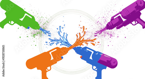 Four colorful water guns shooting water streams in different directions against a white background with splashes and droplets