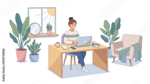 Freelancer Working From Home Flat Vector Illustration – Remote Work Lifestyle Concept