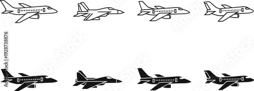 Set of aircraft icons featuring commercial airplanes and military fighter jets in outline and solid silhouette styles for aviation industry symbols