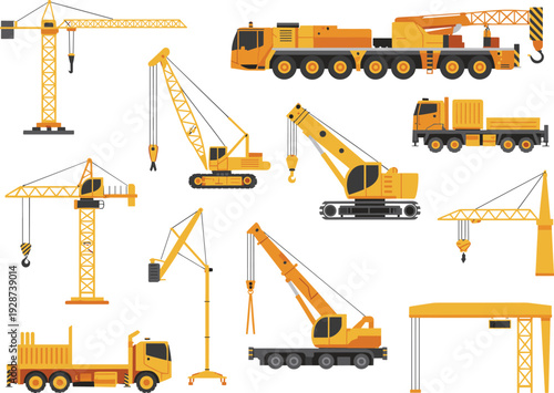 Construction crane machinery vector collection featuring tower crane, mobile crane, crawler crane, truck crane and industrial lifting equipment