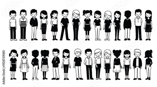Collection of hand drawn cartoon characters diverse people group standing together cute doodle avatars for community inclusion and social diversity icons