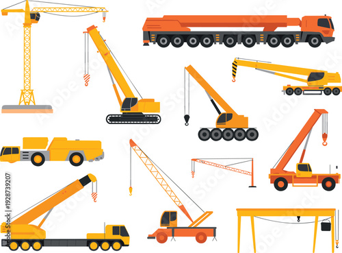 Construction crane vehicles vector illustration set including tower crane, mobile crane, truck crane, crawler crane and lifting machinery