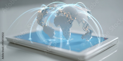 Tablet holographic map global network with glowing connections and data streams, futuristic digital communication visualization