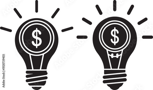 Two black and white icons of light bulbs with dollar signs inside, representing financial ideas, investment, and innovation.