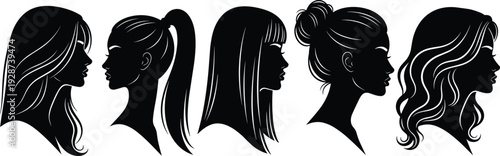 Vector collection of female head profiles with diverse hairstyles including ponytail, bun, long wavy hair, and straight bangs for beauty salons.