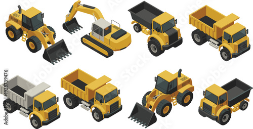 Construction heavy equipment illustration featuring excavator, wheel loader and dump trucks for industrial building and mining operations.