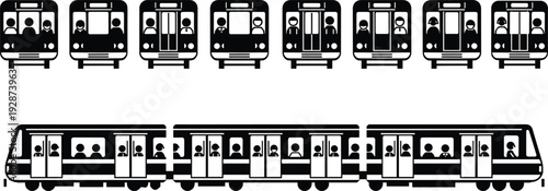 Vector illustration of subway train icons and side view commuter metro railway carriages with passengers for public transportation transit infographics.