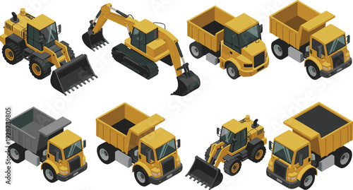 Construction heavy machinery illustration set featuring excavator, wheel loader and dump trucks for mining and building industry projects.