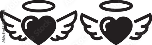 Two black and white icons of winged hearts with halos, representing love, angels, romance, and spiritual connection.