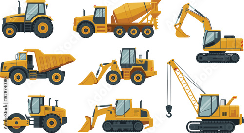 Construction machinery vector illustration set with excavator, dump truck, cement mixer, bulldozer, loader, crane, tractor and roller vehicles